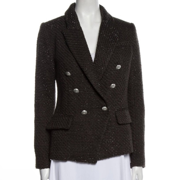 L'Agence Kenzie Metallic Grey Green Tweed Double Breasted Blazer - Picture 3 of 8